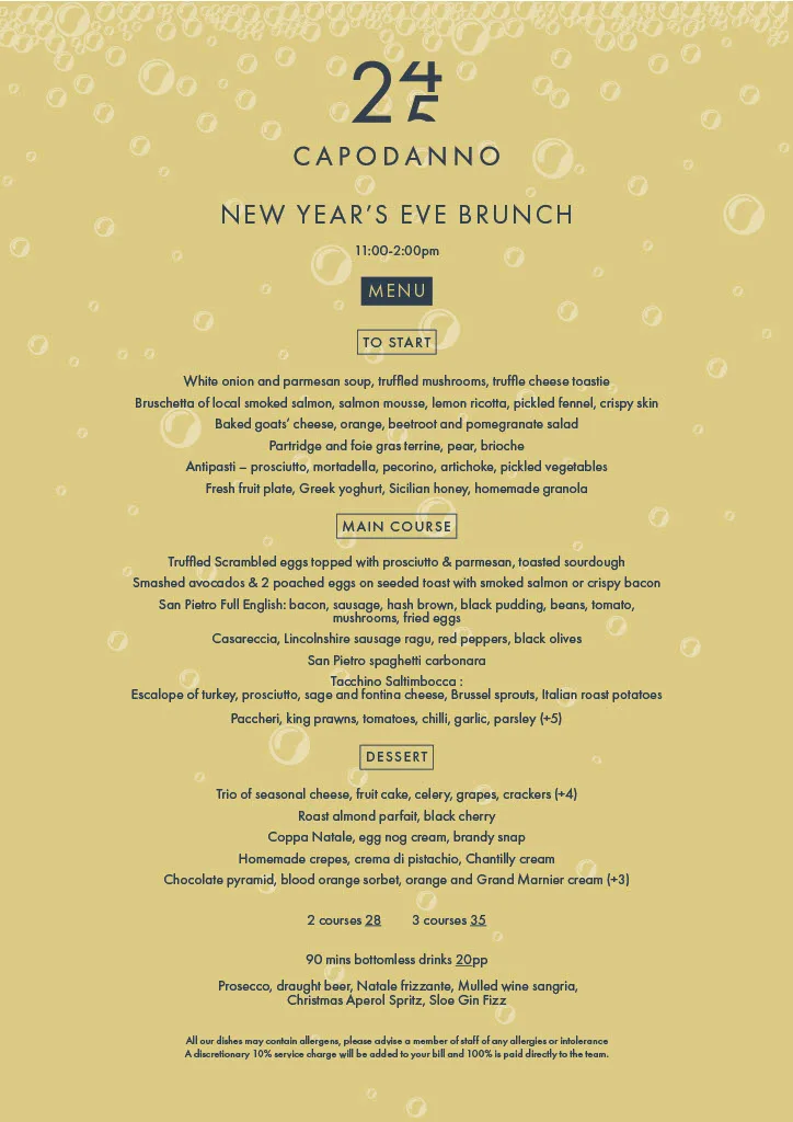 New Years Eve Brunch menu