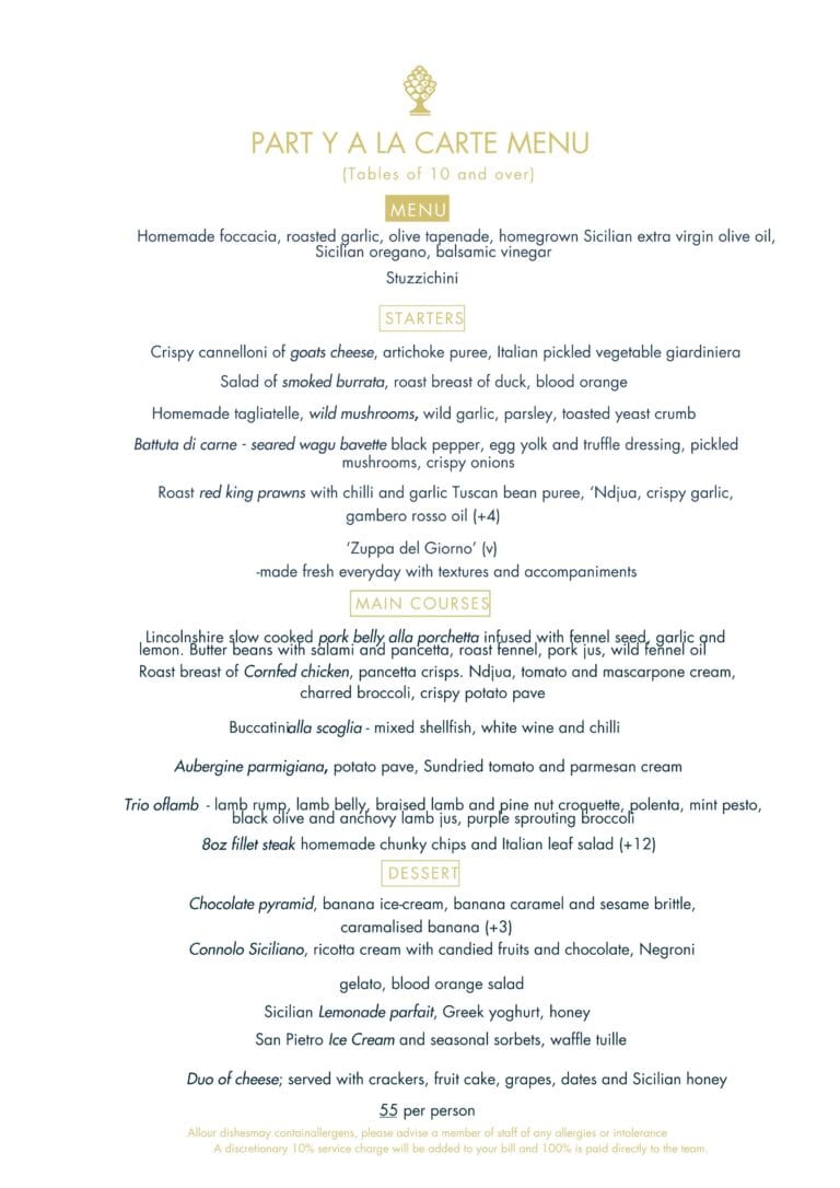 Party A La Carte menu