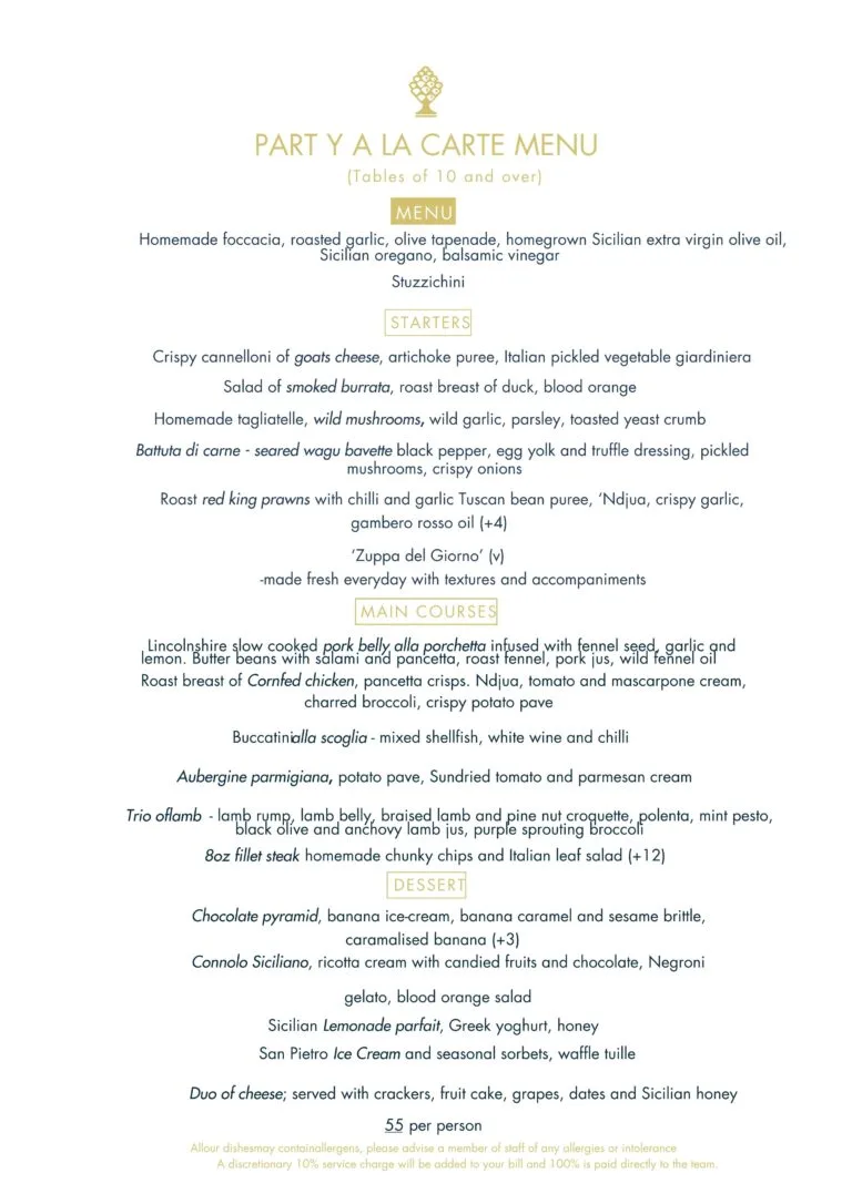 Party A La Carte menu